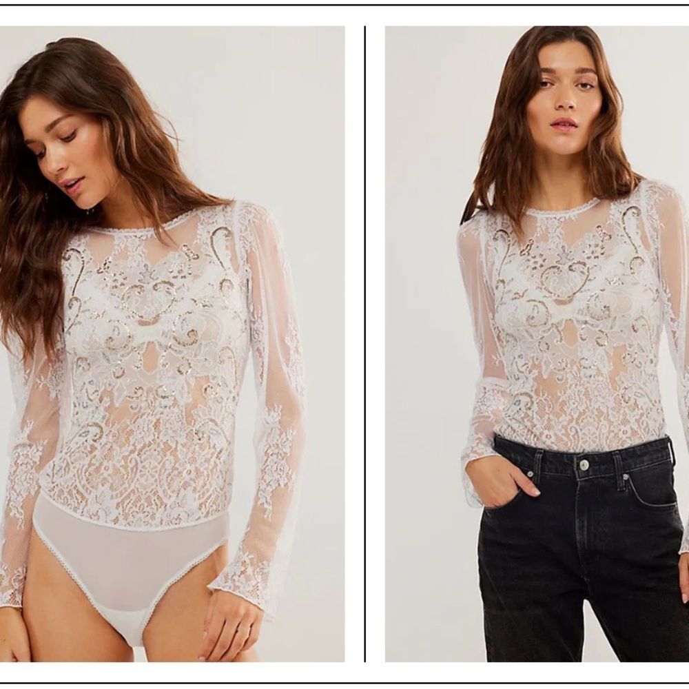 NWT FREE PEOPLE Intimately Mesh Lace Bodysuit Ivory Sequin Long Sleeve